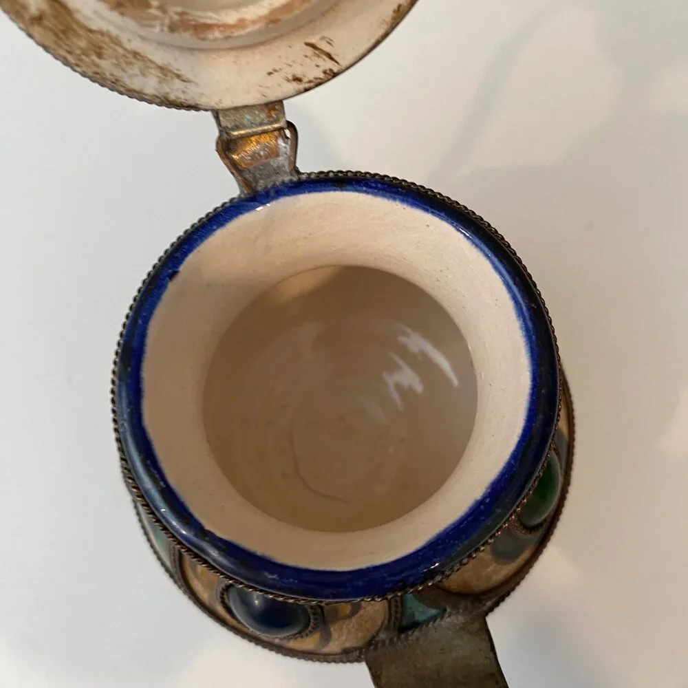 Vintage Moroccan Ceramic Tea‎ Pot – Silver Filigree & Gemstone Accents
